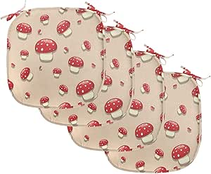 Ambesonne Mushroom Chair Seating Cushion Set of 4, Woodland Themed Illustration of Spotted Toadstool Summer Season Forest Cartoon, Anti-Slip Seat Padding for Kitchen & Patio, 16"x16", Ivory Red Tan