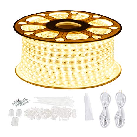 GuoTonG 131.2ft/40m LED Strip Rope Lights,Waterproof, 3000K Warm White,110V 2 Wire, Flexible, 2400 Units SMD 2835 LEDs,Indoor/Outdoor Use, Ideal for Backyards, Decorative Lighting