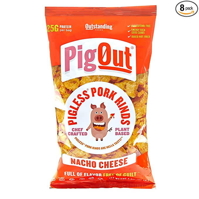 PigOut - Pigless Pork Rinds | High Protein Snack, Vegan, Gluten-Free (Nacho Cheese 3.5oz 8 pack)
