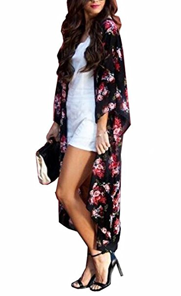 Yonala Women's Floral Sheer Chiffon Beachwear Top Cover-ups Kimono Cardigan