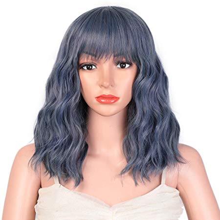 AISI HAIR Bob Curly Wig Synthetic Short Black Wig with Bangs Natural Looking Heat Resistant Hair (Blue)