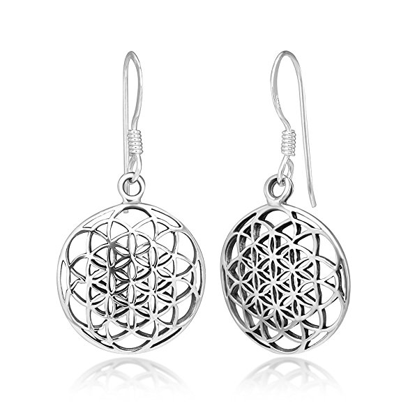 925 Sterling Silver Filigree Flower of Life Mandala Cut Open Round Dangle Hook Earrings, 33 mm