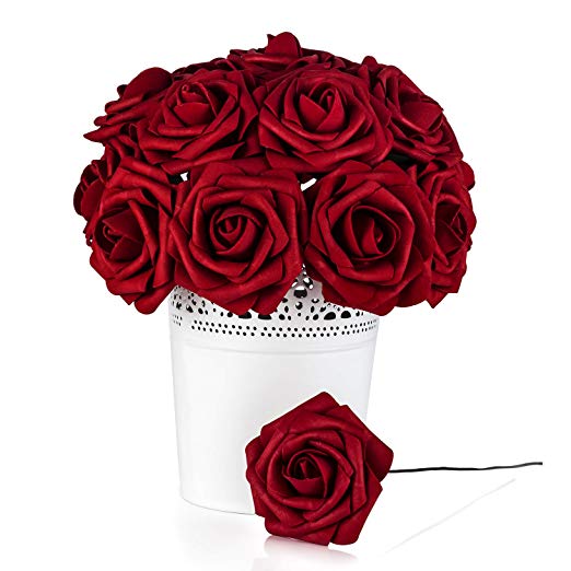 Umiss Roses Artificial Flowers Fake Flowers Wedding Decorations Set 50pcs Artificial Flora DIY Wedding Home Office Party Hotel Restaurant Patio Yard Decoration (Red Wine)