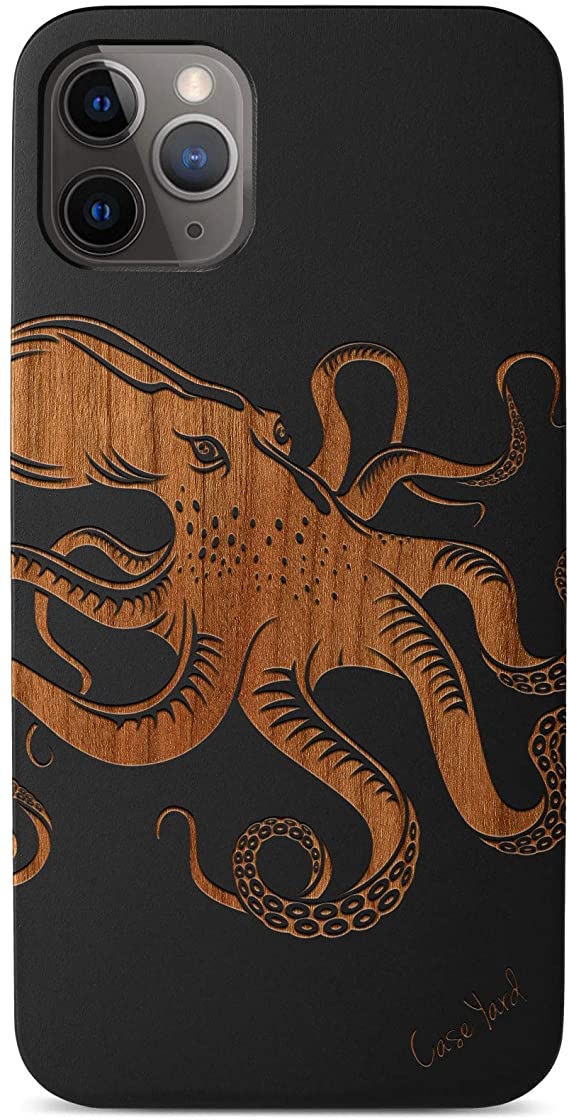 Case Yard iPhone 8/7/SE Wooden Case Outside Soft TPU Silicone, Slim Fit Shockproof Wood Protective Phone Cover for Girls Boys Men and Women, Supports Wireless Charging Octopus Black