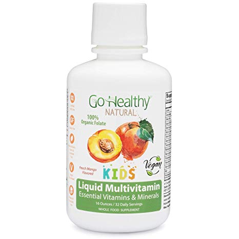 Go Healthy Natural Kids Liquid Multivitamin with Organic Folate, Vegan, Fruit & Plant-Based Whole Food 32 Servings, Benzoate Free, Non-GMO, Gluten Free