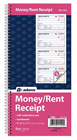 Adams Money and Rent Receipt Book, 2-Part Carbonless, 5 1/4 x 11 Inch Detached, Spiral Bound, 200 Sets per Book (SC1152)