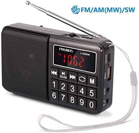 PRUNUS Portable Radio SW/FM/AM(MW)/MP3/USB/SD/TF Rechargeable with Neodymium Speaker. Large Button and Large Display. Stores Stations Automatically. (NO Manual Memory/Delete Stations Function