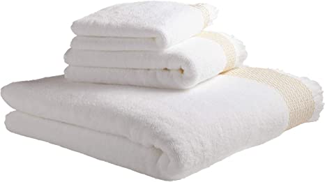 Amazon Brand – Rivet Casual Bath Towel, Hand Towel, and Washcloth Set - Set of 3 Ochre and White