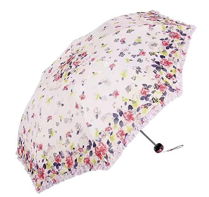 Folding Travel Sun Lightweight Umbrella Lady's Parasol Sunblock UV Protection UPF 50  Compact Size with Black Underside Keep Cooler in Hot Summer!