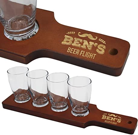 Personalized Craft Beer Sample Paddle with Glasses - Custom Monogrammed Beer Taster Flight Accessory for Restaurant, Home, Brewery, Dad, Husband, Groomsman, Fathers Day (Red/Brown Finish)