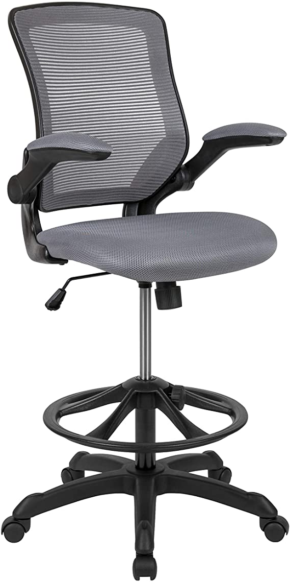 Flash Furniture Mid-Back Dark Gray Mesh Ergonomic Drafting Chair with Adjustable Foot Ring and Flip-Up Arms