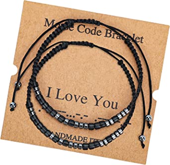 Morse Code Bracelets for Women Men, String Bracelets, Inspirational Bracelets Gifts for Couples Mom Daughter Best Friend Adjustable bracelets with Black Hematite Beads