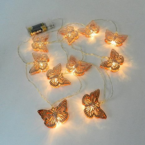 CVHOMEDECO. Rose Gold Metal Butterfly Design LED String Lights Battery Operated for Home Bedroom Wedding Party Birthday Valentine's Day and Holiday Seasonal Décor, 5 ft/10 LEDs