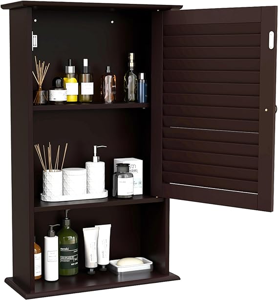 COSTWAY Bathroom Wall Cabinet, Large Capacity Storage Cupboard Cabinet w/Single Louver Door & Height Adjustable Shelf, Wood Wall Mounted Medicine Cabinet for Bathroom, Living Room, Kitchen (Brown)