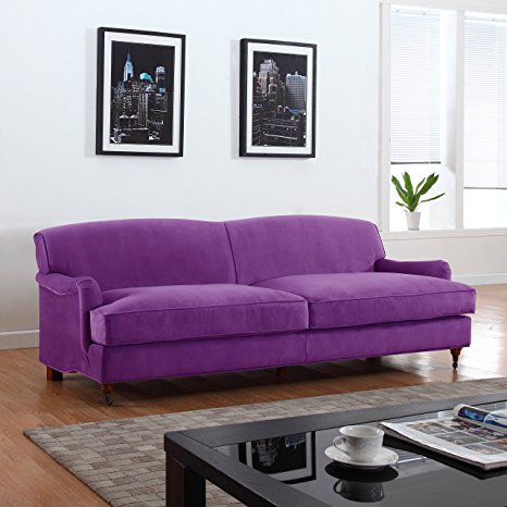 Mid Century Modern Sophisticated Large Brush Microfiber Sofa with Casters (Purple)