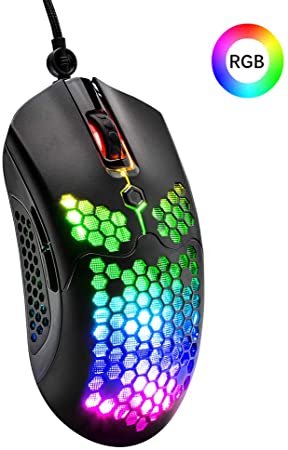 Wired Lightweight Gaming Mouse 65G, 26 RGB Backlit USB Gaming Mice & 7 Buttons Programmable Driver, PAW3325 12000DPI, with Ergonomic Ultralight Honeycomb Shell model O for PC Gamers, Xbox, PS4 -Black