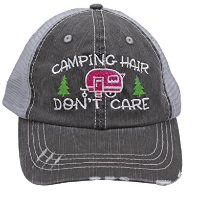 Hot Pink Camping Hair Don't Care Women Embroidered Trucker Style Cap Hat