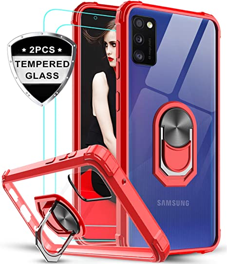 LeYi for Samsung Galaxy A41 Case and 2 Tempered Glass Screen Protector,Crystal Clear Ring Holder Military Grade Air Cushion Shockproof Tough Silicone Hard Mobile Phone Cover for Samsung A41 Red