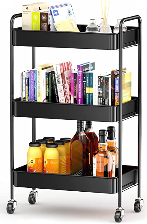 Storage Utility Cart with Wheels, Metal Rolling Organizer Cart for Kitchen laundry, 3-Tier Small Mobile Craft Cart (Black)