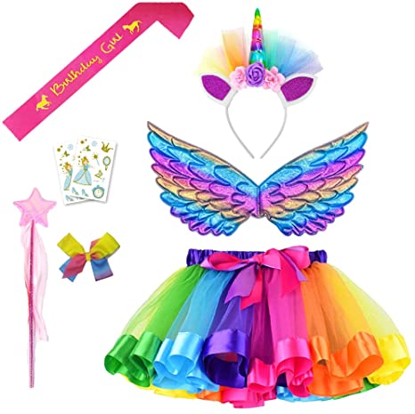 Daisyformals Unicorn Rainbow Tutu Skirt Set (7 Pack) with Unicorn Headband and Wings