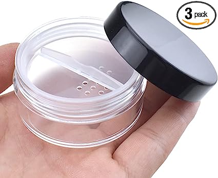 HAHIYO 3Pcs 20ml/0.68oz Plastic Empty Travel Powder Container Small Loose Powder Compact Case Makeup Cosmetic Jar Refillable Powder Box No Leak Powder Holder with Rotatable Sifter and Black Screw Lid