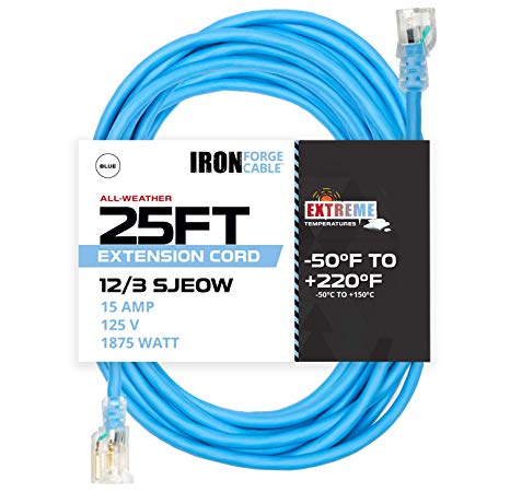 25 Ft All Weather Extension Cord - Stays Flexible in Extreme Cold & Hot Temperatures from -58°F to  221°F - 12/3 SJEOW Heavy Duty Lighted Outdoor Extension Cable