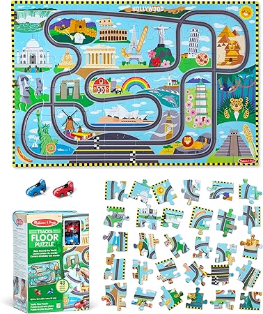 Melissa & Doug Race Around The World Tracks Cardboard Jigsaw Floor Puzzle and Wind-Up Vehicles – 48 Pieces, for Boys and Girls 3  - FSC-Certified Materials