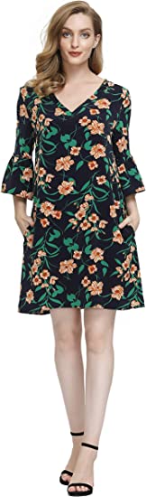 BUENOS NINOS Women's Floral Dress V Neck Half Length Bell Sleeve Causal Loose Shift Mini Tunic Dress with Pockets