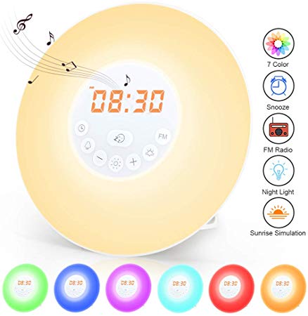 Wake Up Light Alarm Clock, Sunrise/Sunset Simulation Alarm Clock with Snooze Function, 7 Colors LED Mood Night Light Bedside Lamp,Touch Control, Built-in 6 Nature Sounds, FM Radio,USB Charger