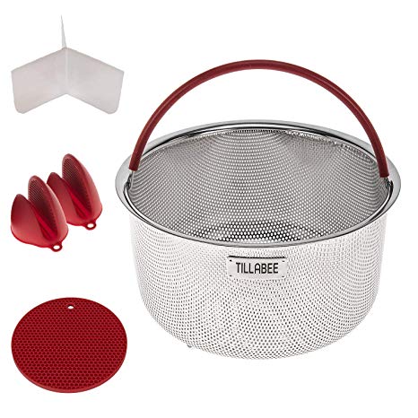 Tillabee Steamer Basket for Instant Pot Accessories 6 Qt Stainless Steel Insert Strainer fits 6Qt, 8Qt Insta Pot/Other Pressure Cookers, with Silicone Handle, Divider, Mat, Mini Mitts