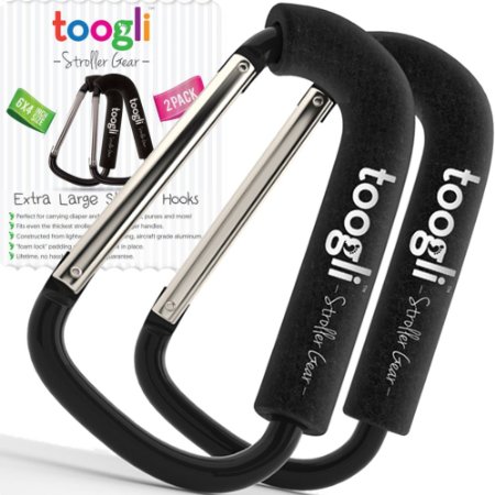 Extra Large Stroller Hooks for Mommy By Toogli (2 Pack) - Perfect Stroller Accessories for Hanging Diaper Bags, Purses, Toys & More |Clips Fit All Makes & Models - Lifetime Guarantee