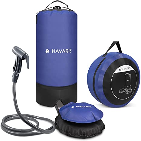 Navaris Portable Pressure Shower with Foot Pump - 2.9 Gallon (11L) Outdoor Solar Shower Bag with Shower Nozzle for Camping, Hiking, Backpacking, Beach