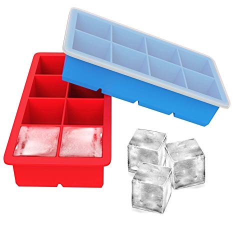 Ouddy 2 Pack Silicone Ice Cube Trays, Large Flexible Ice Cube Molds with Lid - Makes 8 Cubes Per Ice Tray for Whiskey, Cocktails & Frozen Juices - Blue   Red