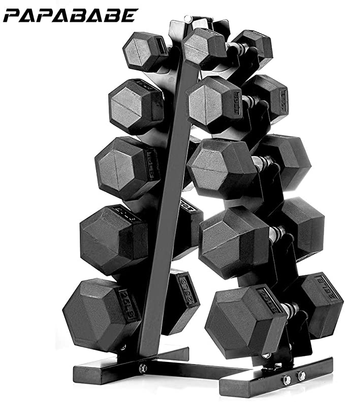 PAPABABE Dumbbell Set with A-Frame Dumbbell Rack Rubber Encased Hex Dumbbell Free Weights Dumbbells Set Home Weight Set (A Pair of 5 10 15 20 25 LB Dumbbell with Dumbbell Rack)