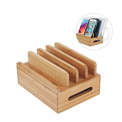 Charging Station , Moreslan Bamboo Charging Dock Multi-device Organizer Cord Phone Stand Holder for Smart Phones, iPad, iPhone, Tablets and Other Electronic Gadgets