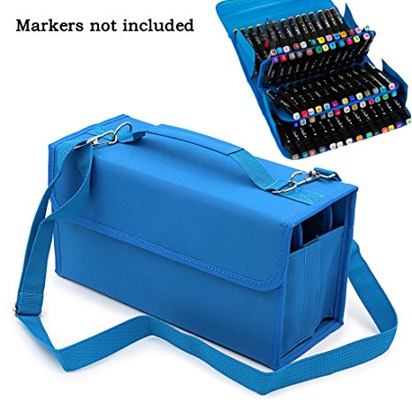 Hipiwe 72 Slot Marker Wallet Case Storage Bag with Carrying Handle (Blue) (No Markers)