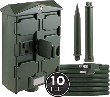 myTouchSmart Outdoor 6 Outlet Yard Stake Timer, 10ft. Cord Plug Sensor, On at Dusk/Off After 6 Hours, Weather Resistant, Heavy-Duty, Ideal for String Lights, Landscape, Seasonal, 48705, 10 Foot, Green