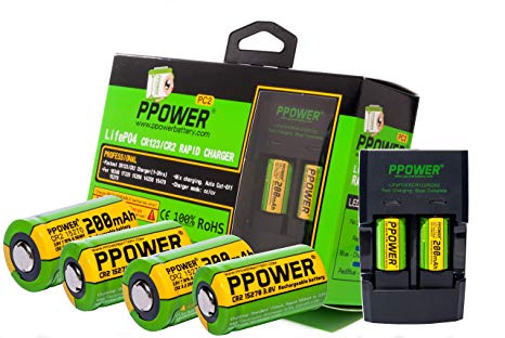 6X PPOWER 3V Real Capacity 200 mAh CR2 15270 15266 Rechargeable LiFePO4 Batteries   1X Rapid Charger for 3V CR2 Lithium Batteries   1X Car Charger