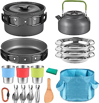 TOMSHOO Camping Cookware Mess Kit Lightweight Camping Cooking Set Portable Pot Pan Kettle Set with Stainless Steel Cups Plates Forks Knives Spoons for Backpacking Hiking Outdoor Cooking and Picnic