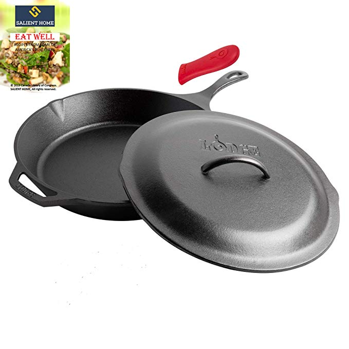 Lodge 13.25" Cast Iron Skillet with Cover| Pre-Seasoned Cookware, Ready for Stovetop, Oven Cooking| Large Pan for Family Size Meals| Hot Handle Holder| Bundle INCLUDES SALIENT HOME Recipe Cookbook