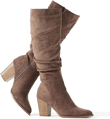 Putu Women's Pointed Toe Knee High Boots Faux Suede Slouch Boots with Chunky Heel