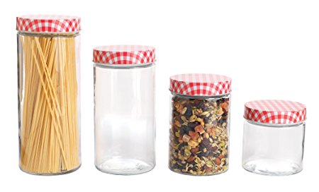 Anchor Hocking 4 Piece Glass Cylinder Jar Set with Gingham Lids, Clear/Red