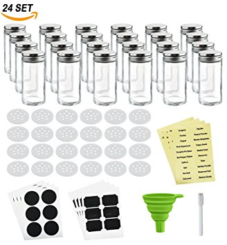 Nellam French Round Glass Spice Jars – Set of 24 with Shaker Lids and Chalkboard Sticker Labels, Small 4oz Bottles - Stackable Herbs and Spices Containers - Decorative Organizers in Silver