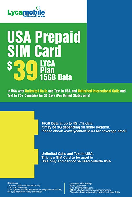 USA Prepaid SIM Card LYCA $39 Plan 15GB Data in USA with Unlimited Calls and Text in USA and Unlimited International Calls and Text to 75  Countries for 30 Days (for United States only)