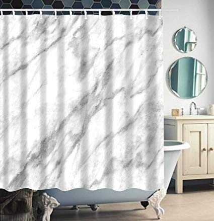 Extra Long Shower Curtain,Marble Surface Pattern with Cracked Lines and Hazy Stripes Artistic Display Fabric Shower Curtain, Fabric Bathroom Decor Set with Hooks, 72 x 96 Inches, White and Grey