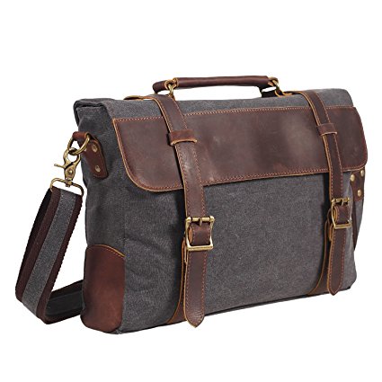 DesertWolf Vintage Canvas Messenger Bag - Leather Shoulder Bag - Traveling Briefcase - Fit 14" Laptop