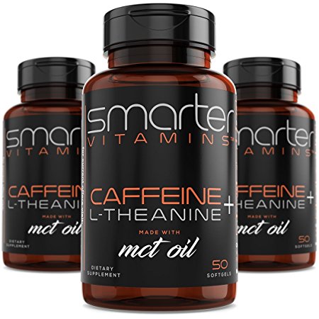 (3 bottles) SmarterVitamins KETO 200mg CAFFEINE PILLS with 100mg L-Theanine for Energy, Focus and Clarity + MCT Oil from 100% Coconuts, Long-Lasting Smooth Capsule Extended Release