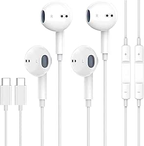 USB C Headphones for iPhone 15, 2-Pack Type C USB C Earbuds Wired with Mic & Volume Control HiFi Stereo Earphones Compatible with iPhone 15/15 Pro/15 Pro Max, iPad Pro, Most USB C Jack Device