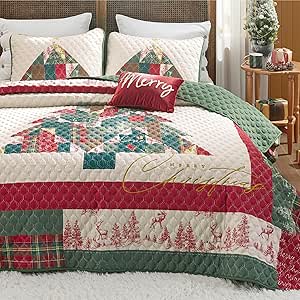 Bedsure Christmas Quilt Set King - 4 Pieces Quilts for King Size Bed, Multicolor Patchwork Christmas Tree Pattern Bedding Set - Soft Microfiber Lightweight Coverlet Bedspread (106"x96")