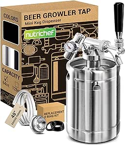 NutriChef Pressurized Growler Tap System, 64oz Stainless Steel Mini Keg Dispenser Portable Kegerator Kit, Co2 Pressure Regulator Keeps Carbonation for Craft Beer, Draft and Homebrew